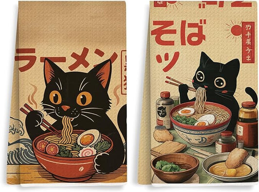 2PCS Vintage Japanese Cat Kitchen Towels, Quirky Ramen Cat Reusable Absorbent Waffle Weave Dish Tea Towels for Cleaning Cooking, Microfiber Kitchen Towel, Cats Lovers Gifts for Women Noodle Lover