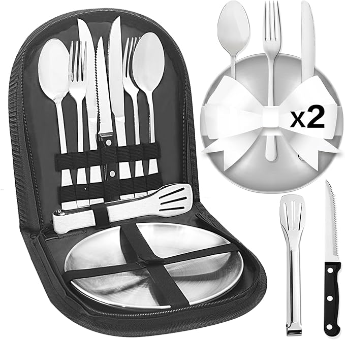 Camping Dishes Set, Camping Plates and Utensils with Camp Organizer Camping Dinnerware