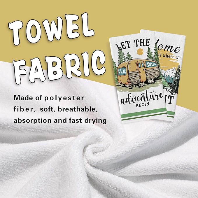 Camping RV Kitchen Dish Towels Set of 2, Let The Adventure Begin Camper Tent Drying Hand Towel Baking Cooking Cloth, Farmhouse Forest Mountain Sun Campsite Home Decoration 18 x 26 Inches