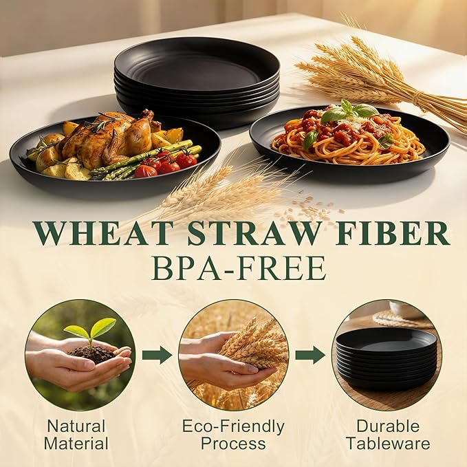 Dinner Plates 9 Inch, Wheat Straw Plates Set of 8, Alternatives to Plastic Plates Rusable, Unbreakable Serving Dishes, Microwave Safe Salad Plates for Breakfast, Lunch, Dinner - Black