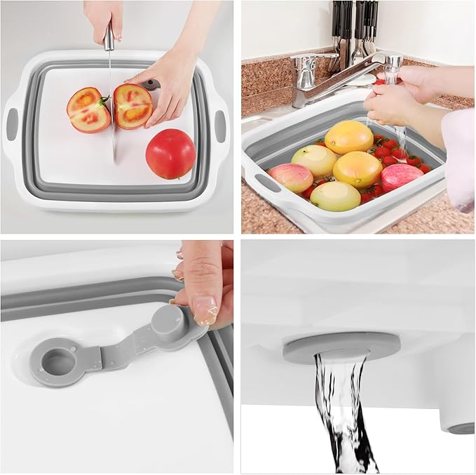 Space Saving Cutting Board, Collapsible Dish Tub with Draining Hole, Folding Chopping Board with Colander, 3 in 1 Multifunction Camping Sink for Washing Dish, Bowl, Vegetables and Fruit