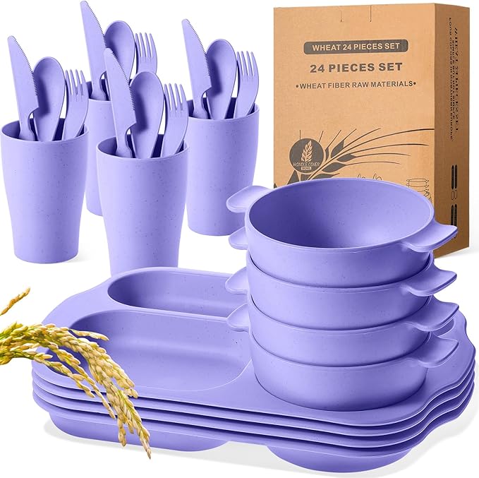 24 Pcs Wheat Straw Dinnerware Cutlery Set for Aldult Including Divided Plates Microwave Dishwasher Safe Bowl Unbreakable Tableware Straw Cutlery Spoon Knife Fork(Light Purple)