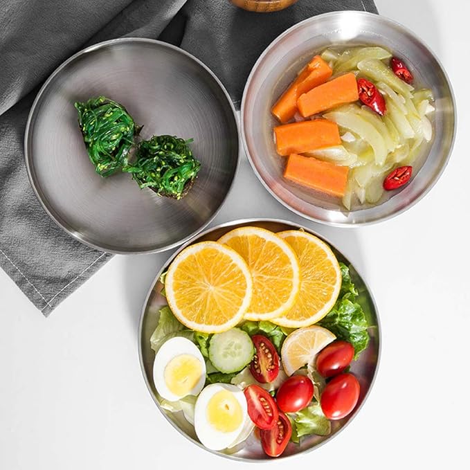 Stainless Steel Plate 2 Set Reusable Round Metal Dinner Plates 13.5 Inch - Vintage Silver Heavy Duty Kitchenware Dinner Dishes for Snack,Camping,BBQ Steak,Dishwasher Safe
