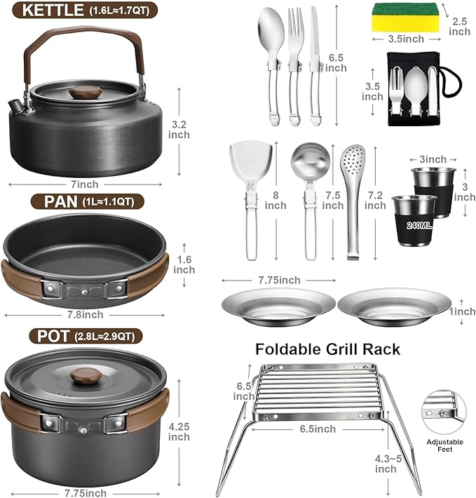 18Pcs Camping Cookware Mess Kit, Joyfair 7.8” Nonstick Camp Cooking Utensil Set (Pot, Pan, Kettle, Grill Grate), Outdoor Backpacking Gear Open Fire Essentials Accessories, Compact/Portable/Lightweight