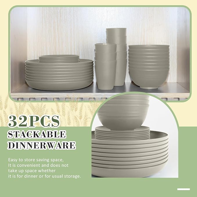 Wrova 32-piece Kitchen Alternative Melamine Wheat Straw Dinnerware Sets,Unbreakbale Dishwasher Safe Kitchen Bowls and Plates Sets with Cups,Apartment Essential Dishes Set for 8.Grey Series