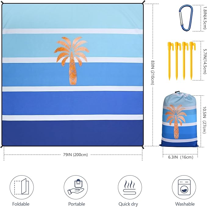 WIWIGO Beach Blanket Waterproof Sandproof Beach Mat 79" X 83"/10'x9'for 2-8 Adults Quick Drying Outdoor Picnic Mat Beach Accessories for Travel, Camping, Hiking