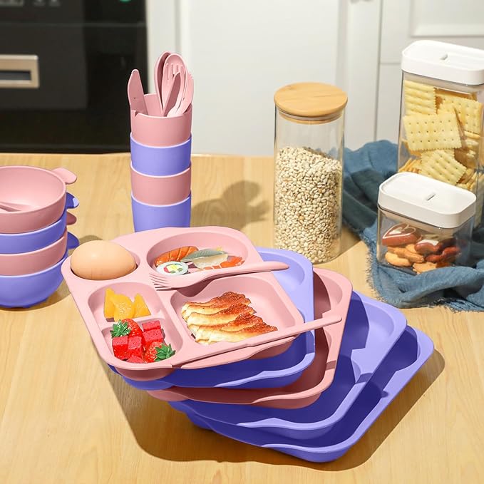 24 Pcs Wheat Straw Dinnerware Cutlery Set for Aldult Including Divided Plates Microwave Dishwasher Safe Bowl Unbreakable Tableware Straw Cutlery Spoon Knife Fork(Light Purple, Light Pink)