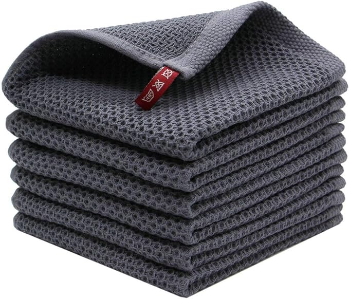 Mia'sDream Natural Cotton Tidy Dish Cloths Rags, Waffle Weave Towels, Soft and Absorbent Kitchen Hand Towel Washcloths, 12x12 inch 6 Pack (Dark Gray)