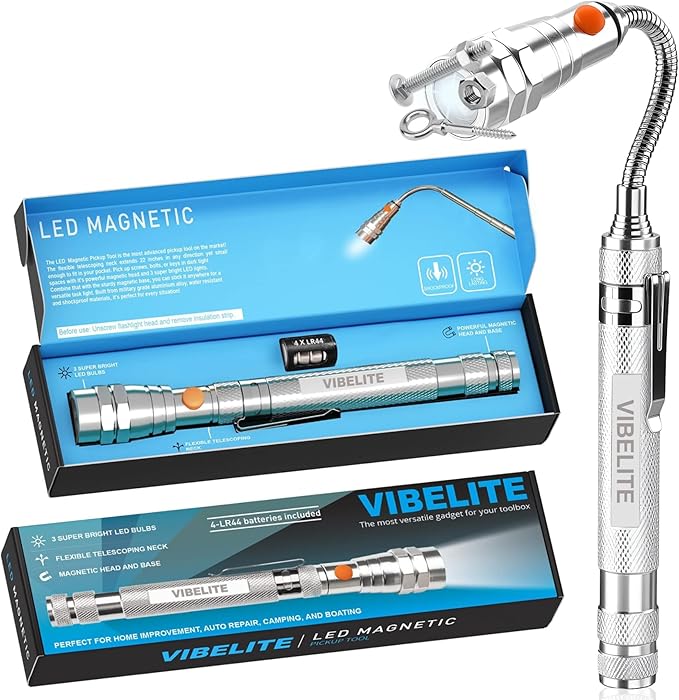 VIBELITE Extendable Magnetic Flashlight with Telescoping Magnet Pickup Tool-Cool Gadget Gifts for Men, Women, Him, Teen Boys, Husband, Dad, Father, Mechanic, Birthday Gifts for Men, Silver