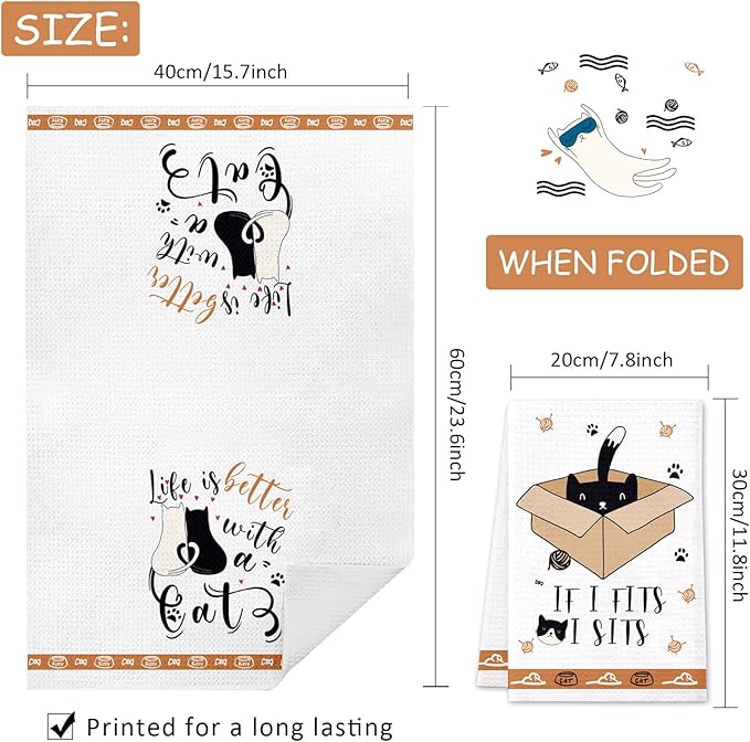 Cat Kitchen Towels Set of 4 Funny Decorative Hand Towels Absorbent Drying Tea Dish Towel for Cooking Baking Home Decorations,16 X 24 inches