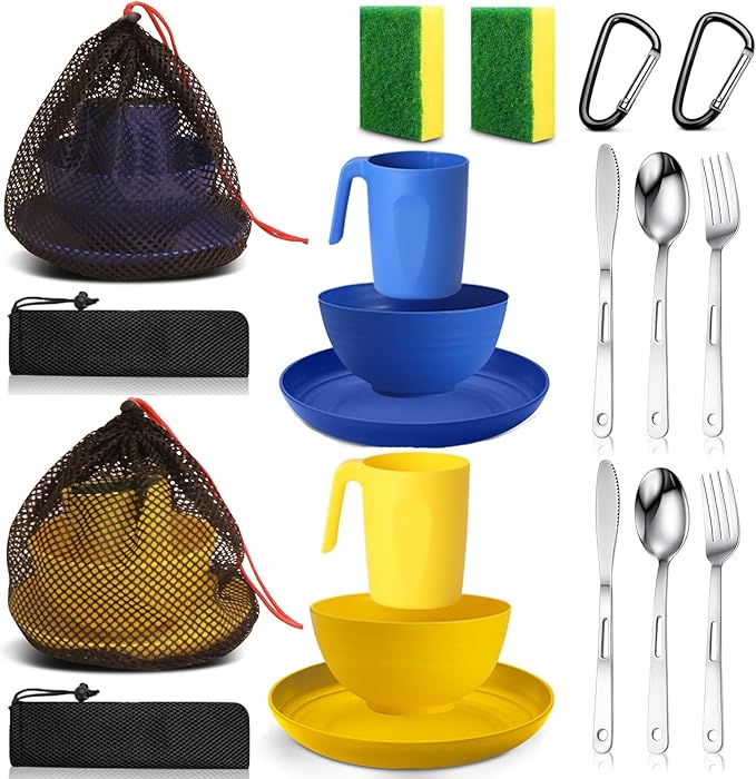 Scout Camping Mess Kit for Person Boy Scout Dishes Set Girl Scout Mess Kit with Mesh Bag Reusable Light Weight Eating Utensils Plastic Camping Cutlery Set for Travel Camp