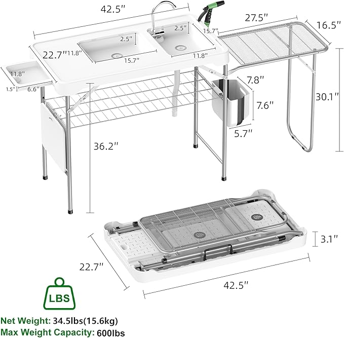 Allpop Fish Cleaning Table with 2 Sinks, 42.5'' Portable Folding Camping Fish Station with Extanded Stand, Grid Rack, Faucet, Drainage Hose, Sprayer, Storage Box, Drawer & Grooves for Picnic, White