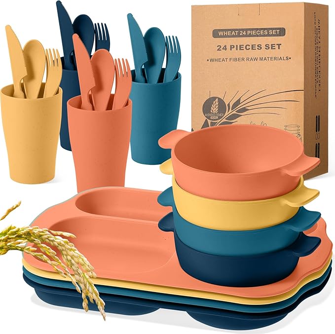 24 Pcs Wheat Straw Dinnerware Cutlery Set for Aldult Including Divided Plates Microwave Dishwasher Safe Bowl Unbreakable Tableware Straw Cutlery Spoon Knife Fork(Bright Color)