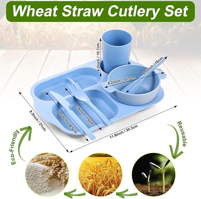 24 Pcs Wheat Straw Dinnerware Cutlery Set for Aldult Including Divided Plates Microwave Dishwasher Safe Bowl Unbreakable Tableware Straw Cutlery Spoon Knife Fork(Mixed Color)