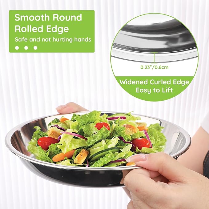 8 Patterned Deep Stainless Steel Plates, 7.8 inch 201 Metal Camping Plate, Reusable Food Serving Dish Snack Eating Dishes Round Shatterproof Silver BBQ Dinner Dinnerware Oven Dishwasher Safe