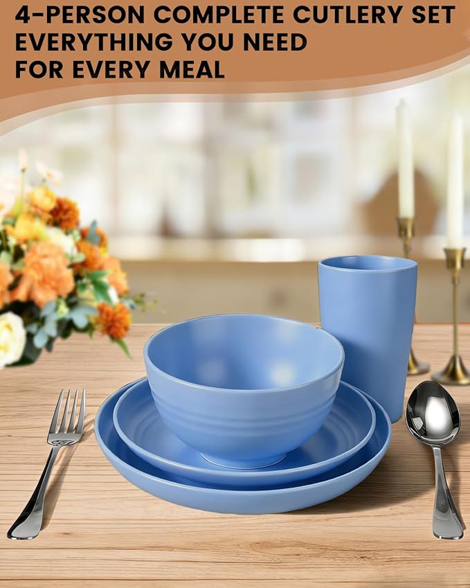 24 Piece Plates and Bowls Sets for 4- Unbreakable Wheat Straw Dinnerware Sets Includes Stainless Steel Forks for Picnic Camping Outdoor Kitchen and Apartment Dinning RV Essentials- Colorful