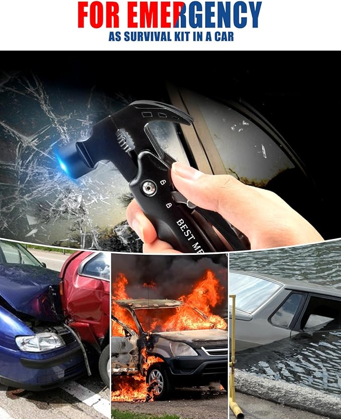BIBURY 12-in-1 Multitool Hammer, Heavy Duty Survival Gear with Safety Lock, Fathers Day Gift for Dad Husband Men, Portable EDC Multi Tool Gadgets for Camping Hiking Car Emergency