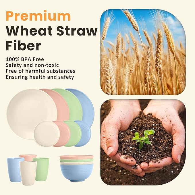Homienly Premium Dinnerwave Sets, Lightweight & Unbreakable Wheat Straw Dish Set - Plates and Bowls Set with Cups, 16 PCS Microwave and Dishwasher Safe Dinnerware Set - Multi Light