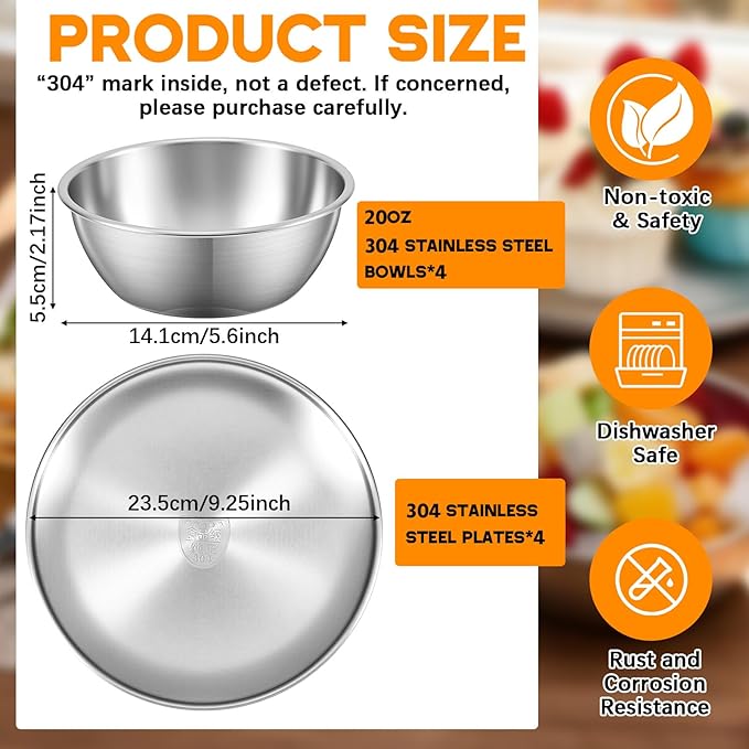 304 Stainless Steel Plates and Bowls Sets - 9 Inch Metal Camping Plates Reusable 20oz Steel Snack Bowls Feeding Serving Dinner Dishes for Adult Girls Boys