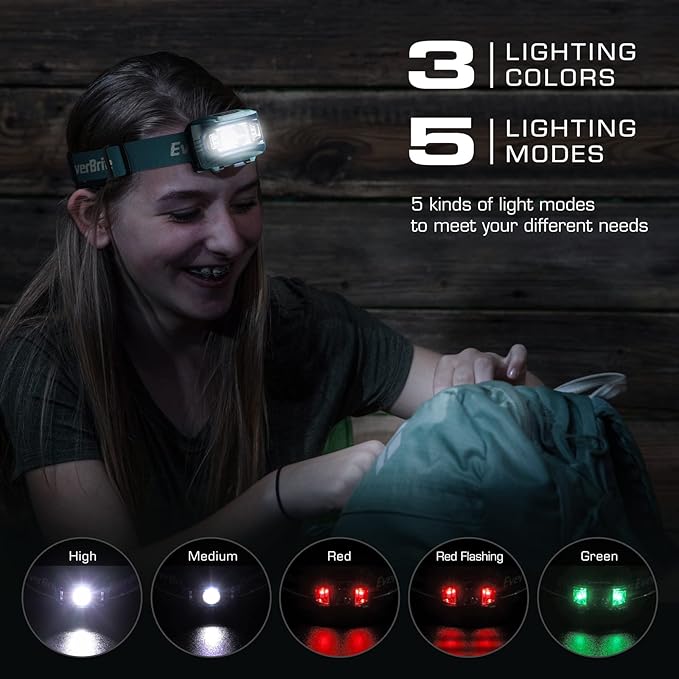 EverBrite Headlamp, 2 Pack Kids Headlamp with Red Light and Memory Function, Head Lamp for Adults and Kids with 5 Modes, Bright Headlamps for Camping, Running, Christmas Gifts, Batteries Included