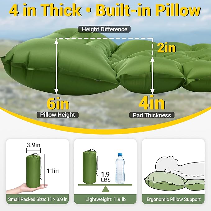 Camping Sleeping Pad, Backpacking Sleeping Pad with Built-in Pillow and Foot Pump, 4in Thick Compact Inflatable Camping Air Mattress for Hiking Tent Road Trip Car Camp Travel Gear