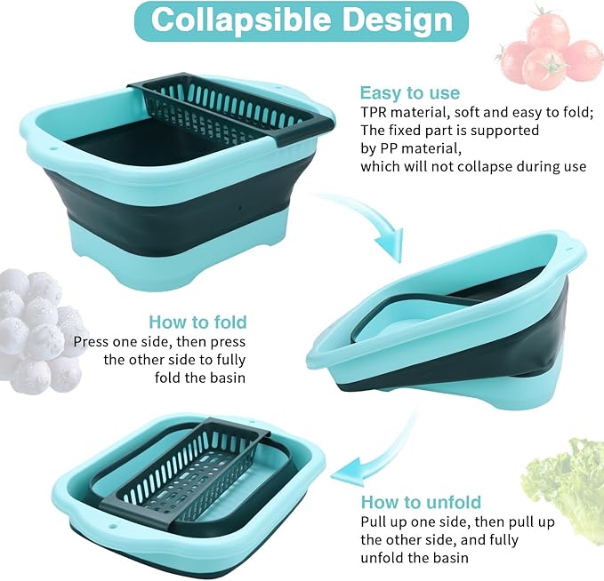 Collapsible Dish Basin with Drain Plug and Portable Sink, 11L(2.91 Gallon) collapsible Bucket with Sink, FoldableWash Basin for Station Campin/Camping/Rv/Kitchen (Green)