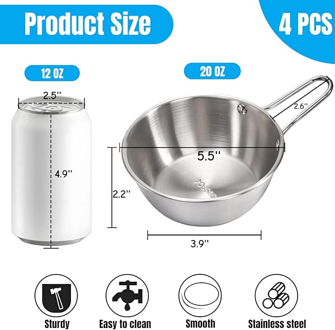 4 Pack Korean Traditional Wine Bowls, 20 Oz Stainless Steel Makgeolli Bowls with Handle, Round Rice Bowl Camp Wine Cup, Silver Hiking Soup Dish for Picnic, Dinner Party