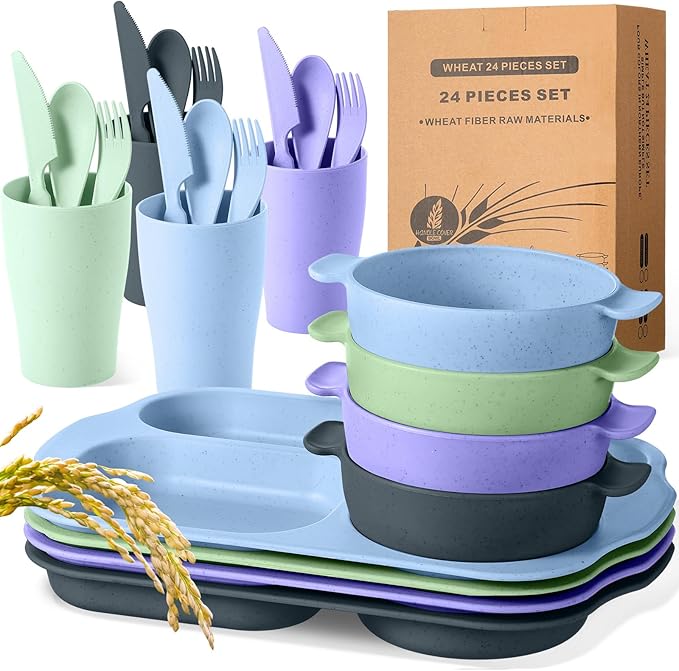 24 Pcs Wheat Straw Dinnerware Cutlery Set for Aldult Including Divided Plates Microwave Dishwasher Safe Bowl Unbreakable Tableware Straw Cutlery Spoon Knife Fork(Assorted Color)