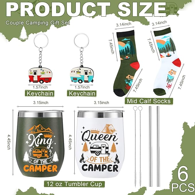 Patelai 6 Pcs Camping Gift Set RV Gifts for Couple Includes 12 oz Stainless Steel Wine Tumblers Unisex Crew Socks Keychains Outdoor Gifts for Women Men Picnics Hiking RV (Classic)