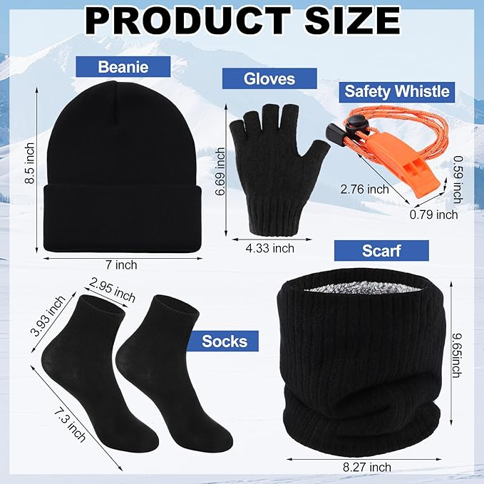 Chicingyou 8 Pcs Portable Emergency Thermal Blanket Camping Sleeping Bag Solar Rechargeable Flashlight Emergency Safety Whistle Gloves Scarf Socks Beanie Set for Camping Hiking Travel Hunting (Green)