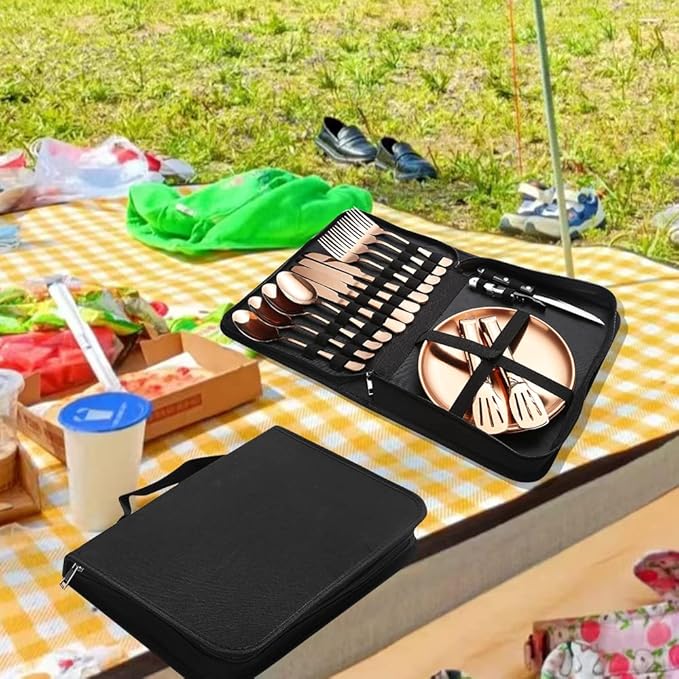 Picnic Tableware Set Camping Dinnerware Copper/Rose Gold Silverware and Plates Kit for 4 Portable Utensils Stainless Steel Dishes Spoons Forks Knives Bottle Opener Food Tongs