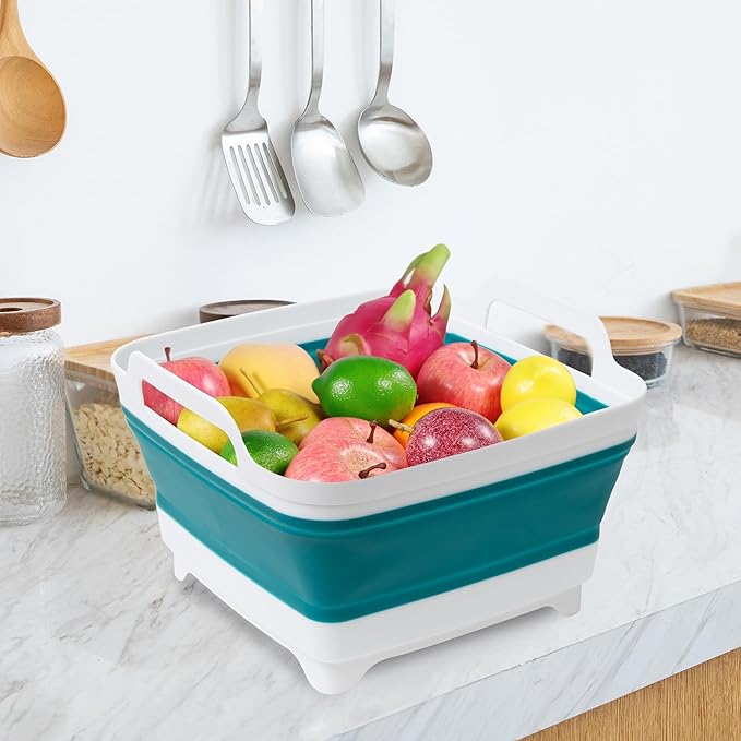 Tiawudi Dishpan for Washing Dishes, 2.4Gal/9L Wash Basin with Draining Plug Carry Handles, Collapsible Bucket for Cleaning, Portable Sink, Foldable Plastic Tub, 1PC