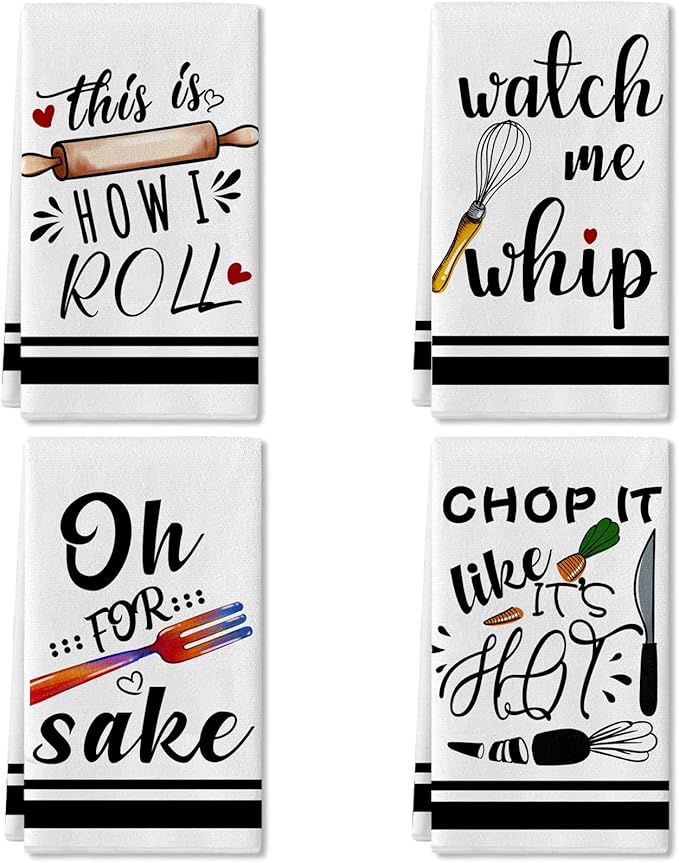 Funny Kitchen Towels and Dishcloths Sets of 4 Kitchen Towels with Sayings Egg Beater Rolling Pin Absorbent Drying Tea Dish Towel for Cooking Baking Home Decorations,18 x 28 Inch