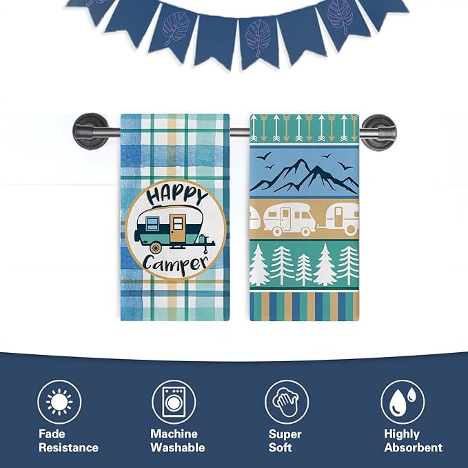 Happy Camper Kitchen Dish Towels Set of 2, Camping RV Adventure Travel Mountain Tree Drying Hand Towel Baking Cooking Cloth, Campsite Buffalo Plaid Bathroom Home Decoration 18'' x 26''