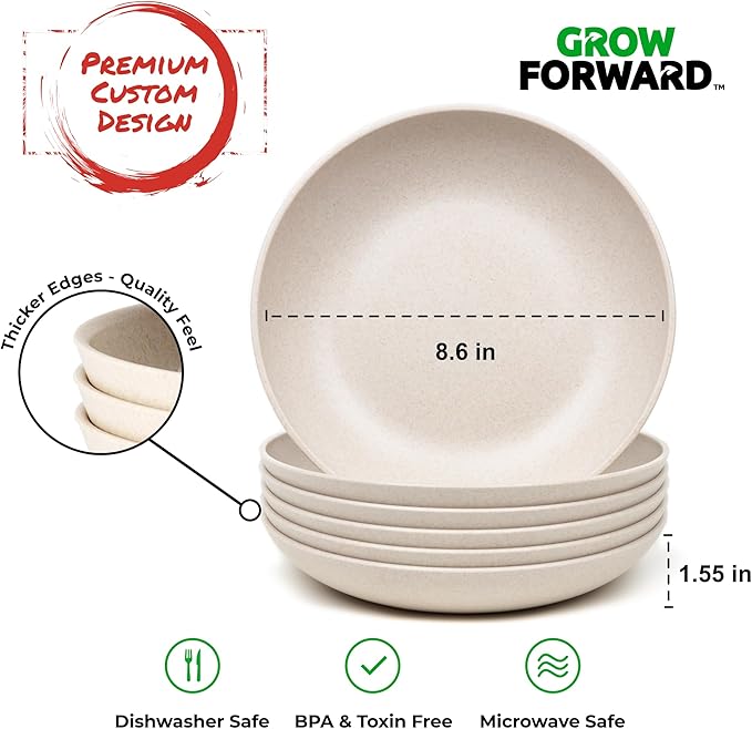 Grow Forward Premium Wheat Straw Pasta Bowls - 30oz Unbreakable Wide & Shallow Dinner Plate Bowls Set of 6 - Microwave Safe Reusable Plastic Pasta Bowls for Kids, Adults, Salad, Camping, RV - Sahara