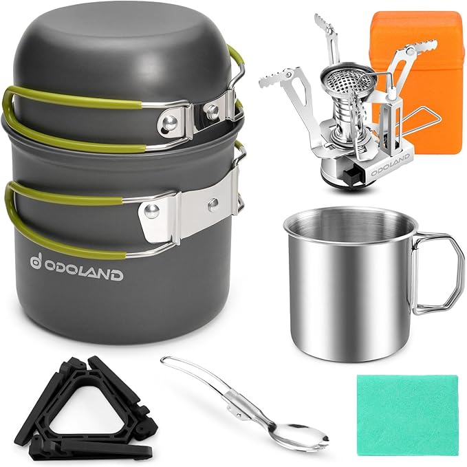 Odoland 8pcs Camping Cookware Mess Kit, Camping Pot and Pan Set with Mini Backpacking Stove, Stainless Steel Cup, Spork and Tank Bracket, Cooking Gear for Outdoor, Hiking, Picnic, Campfire