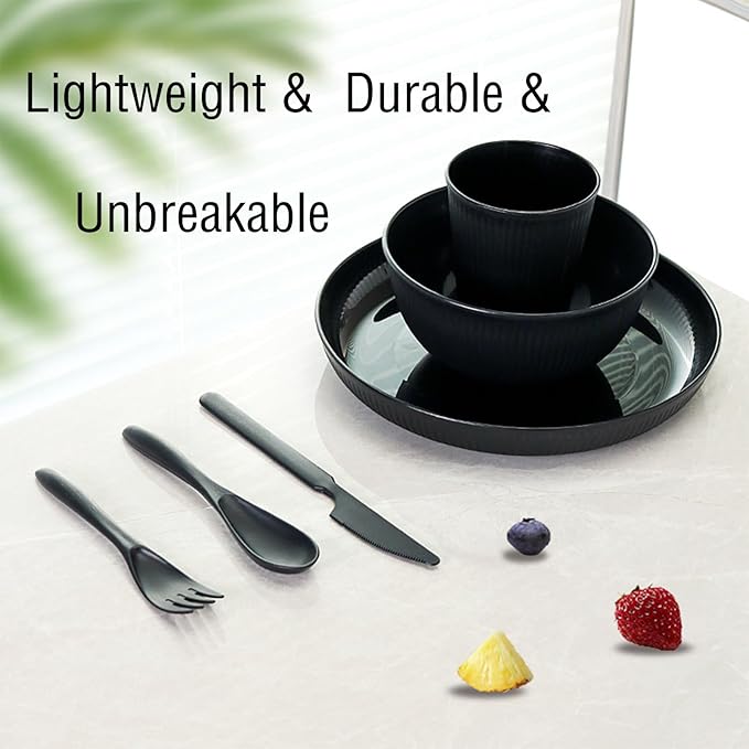 DAPIPIK 36 Pcs Lightweight Black Wheat Straw Dinnerware Set - Unbreakable Dishes for Kitchen & Camping | Microwave Dishwasher Safe
