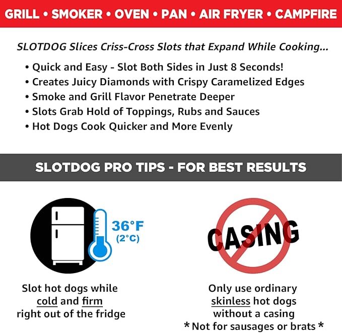 SLOTDOG - Hot Dog Slicing Tool - Orange - Griddle & Pellet Grill Special Edition For Griddles, Grills, Smoker, Air Fryer, Oven, BBQ, Campfire, Kitchen, Tailgating - Stainless Cutter Blades 10 inch