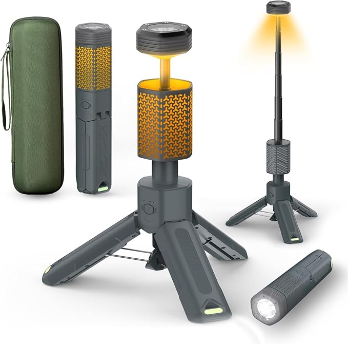 Telescopic Portable Camping Light with Stand - 10500mAh Rechargeable Camping Light with Storage Bag, Dimmable Magnetic Tent Lamp,Waterproof Tripod Pole Work Lights for Outdoor Emergency, Hiking, Gray