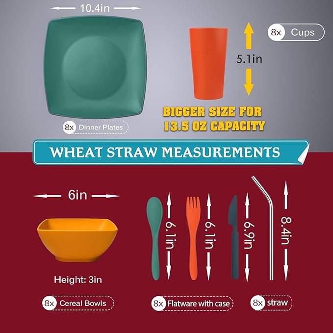 Teivio 56-Piece Plastic Wheat Straw Square Dinnerware Set for 8, Unbreakable Dinner Plates, Snack Bowls, Tumblers 13.5 oz, With Flatware,Dishwasher Safe, Outdoor Camping RV Dish, Autumn Multicolor