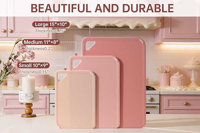 THETCHRY Plastic Cutting Board Set, Pink Cutting Board with Non-slip, Cutting Board for Kitchen Set of 3, Dishwasher Safe, BPA Free, Reversible, with Grip Handle, Pink