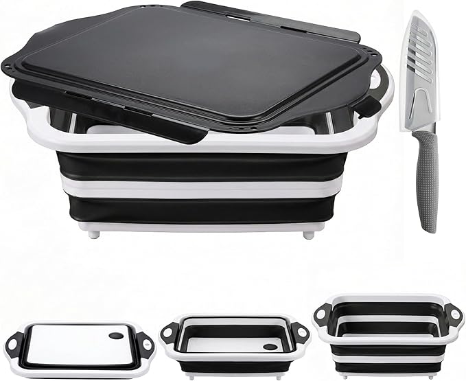 Collapsible BBQ Prep Tub with Lid, Foldable Camping Sink with Colander, Cutting Board, Dish Basin for Kitchen, Bowl, Vegetable and Fruit, Storage Basket for Picnic-Black