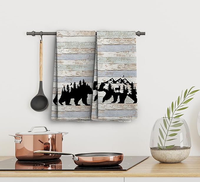 Wild Animal Kitchen Towels, Camping Gifts, Bear Dish Towel, Rustic Forest Bathroom Decor, Art Prints, Gifts for Friends Women Men, Set of 2, 16x24