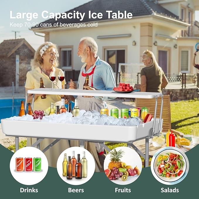 Ice Cooler Table with Drain, Two-Tier Plastic Folding Tables, with Removable Matching Skirt and Shelf, Indoor Outdoor Use for Party Camping Picnic Fishing Cleaning, 440 lbs Capacity