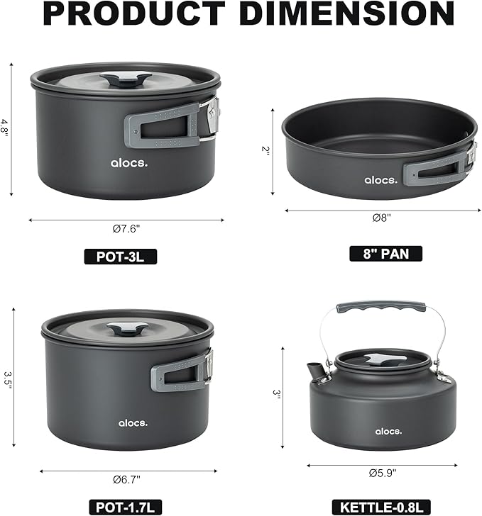 Alocs Camping Cookware Set - Lightweight Camping Pots and Pans - Portable Outdoor Cookware with Kettle - Camping Cookware Mess Kit for 2