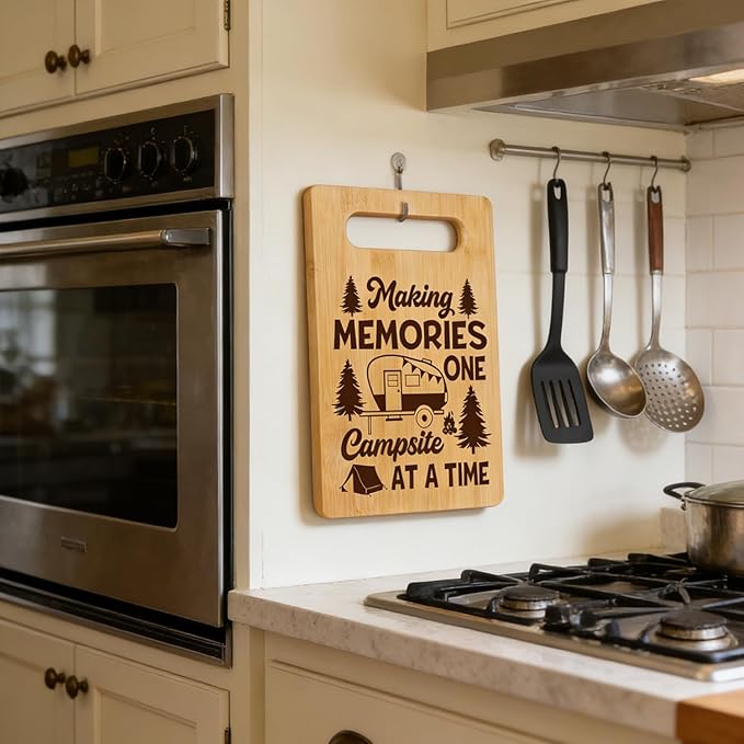 Happy Camper Bamboo Cutting Board for Rv CamperLovers, Small Camper Kitchen Essentials for Women Men, Camping Birthday Housewarming Gifts for Kitchen Decor, Making Memories One Campsite At a Time