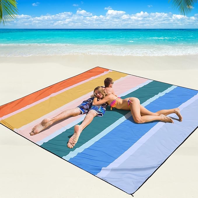 WIWIGO Beach Blanket Waterproof Sandproof Beach Mat 79" X 83"/10'x9'for 2-8 Adults Quick Drying Outdoor Picnic Mat Beach Accessories for Travel, Camping, Hiking