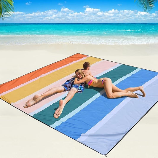 WIWIGO Beach Blanket Waterproof Sandproof Beach Mat 79" X 83"/10'x9'for 2-8 Adults Quick Drying Outdoor Picnic Mat Beach Accessories for Travel, Camping, Hiking