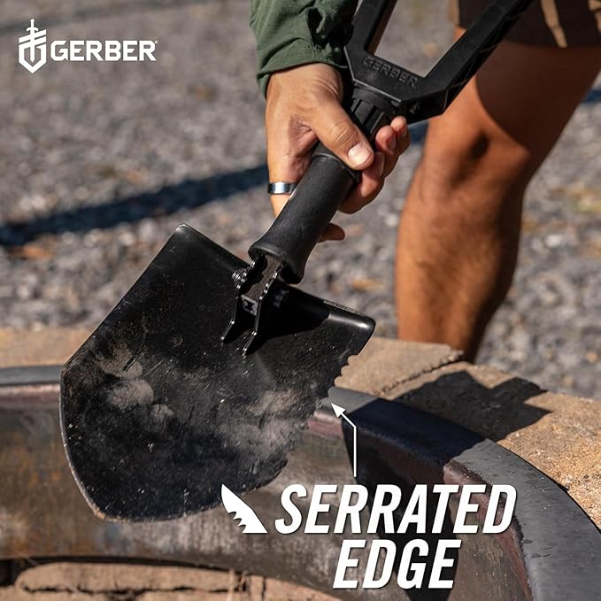 Gerber Gear Military Style Tactical Folding Spade E-Tool, Heavy-Duty All Purpose Camping and Emergency Car Shovel with Serrated Edge, Compact Survival Gear, Black