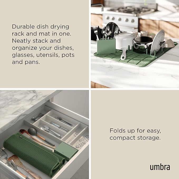 Umbra UDry Dish Drying Rack with Mat – Kitchen Countertop Dish Drainer & Absorbent Microfiber Drying Mat, Foldable Dish Rack Organizer for Plates, Cups & Utensils, Spruce
